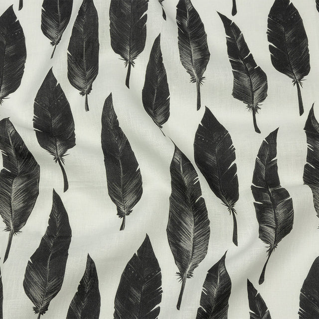Black and White Feather Array Medium Weight Linen Woven