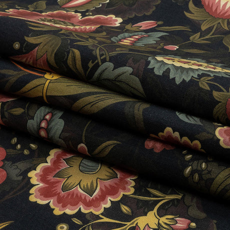 Blush, Olive and Black Traditional Floral Medium Weight Linen Woven