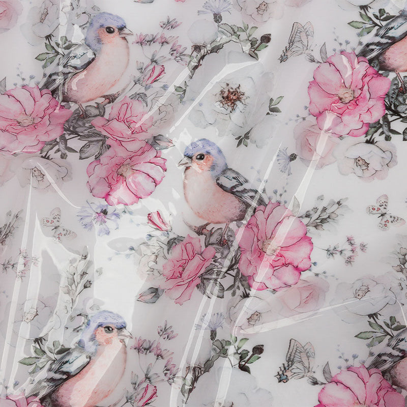 Pink, Blue and White Birds and Roses Lightweight Translucent Vinyl
