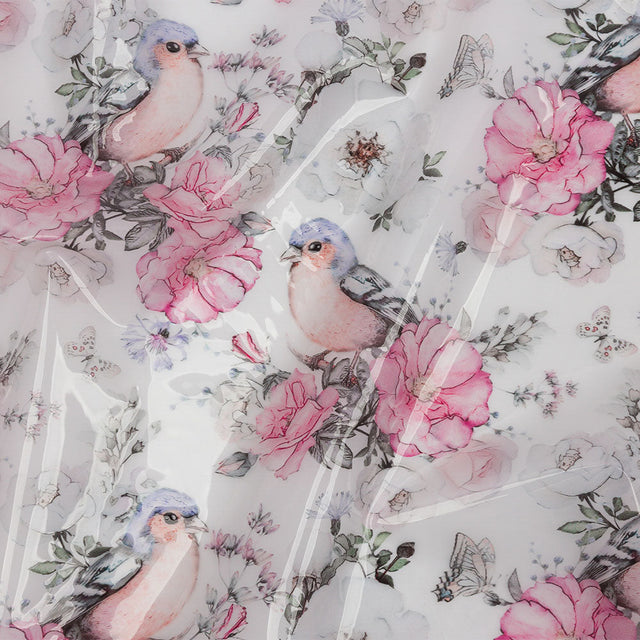 Pink, Blue and White Birds and Roses Lightweight Translucent Vinyl