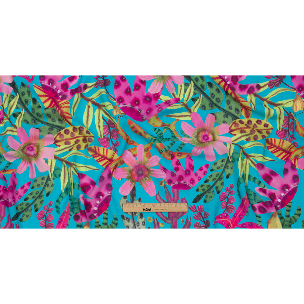 Slubbed Viscose Woven Print - Turquoise, Pink and Green Floral - Mood Exclusive Extraterrestrial Tropics