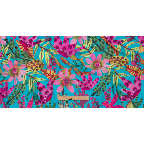 Slubbed Viscose Woven Print - Turquoise, Pink and Green Floral - Mood Exclusive Extraterrestrial Tropics