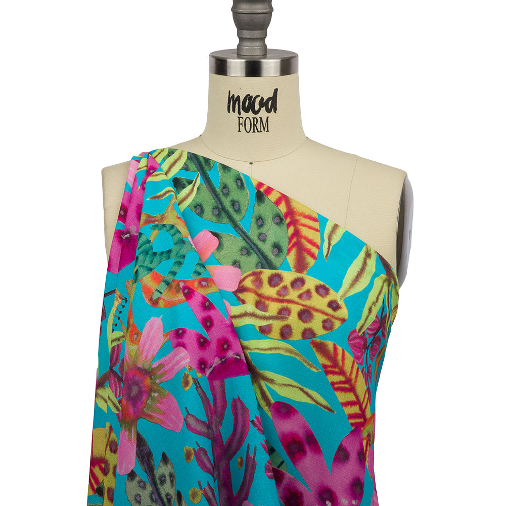 Slubbed Viscose Woven Print - Turquoise, Pink and Green Floral - Mood Exclusive Extraterrestrial Tropics