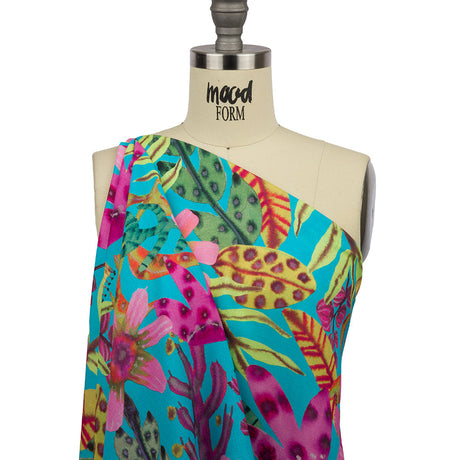 Slubbed Viscose Woven Print - Turquoise, Pink and Green Floral - Mood Exclusive Extraterrestrial Tropics