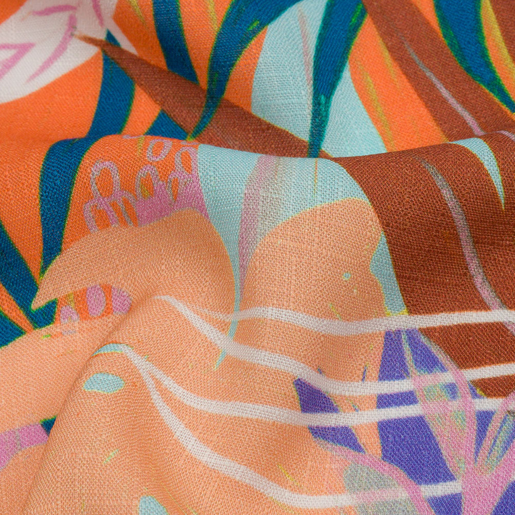 Slubbed Viscose Woven Print - Orange and Blue Leaves - Mood Exclusive Tropical Tango