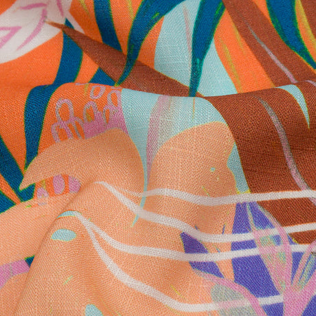 Slubbed Viscose Woven Print - Orange and Blue Leaves - Mood Exclusive Tropical Tango
