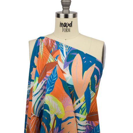 Slubbed Viscose Woven Print - Orange and Blue Leaves - Mood Exclusive Tropical Tango