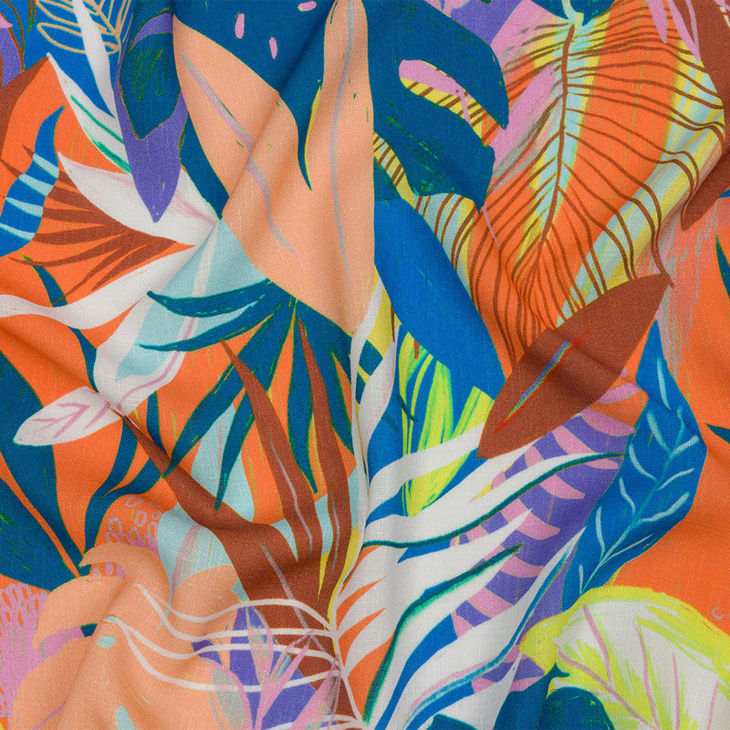 Slubbed Viscose Woven Print - Orange and Blue Leaves - Mood Exclusive Tropical Tango