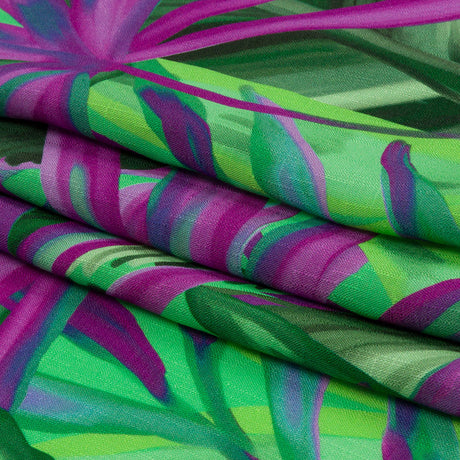Slubbed Viscose Woven Print - Purple and Green Palm Leaves - Mood Exclusive Foliage Takeover