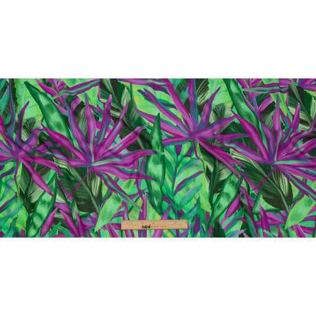 Slubbed Viscose Woven Print - Purple and Green Palm Leaves - Mood Exclusive Foliage Takeover