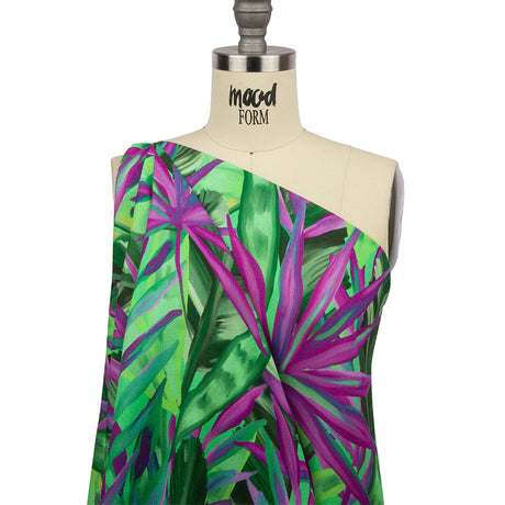 Slubbed Viscose Woven Print - Purple and Green Palm Leaves - Mood Exclusive Foliage Takeover