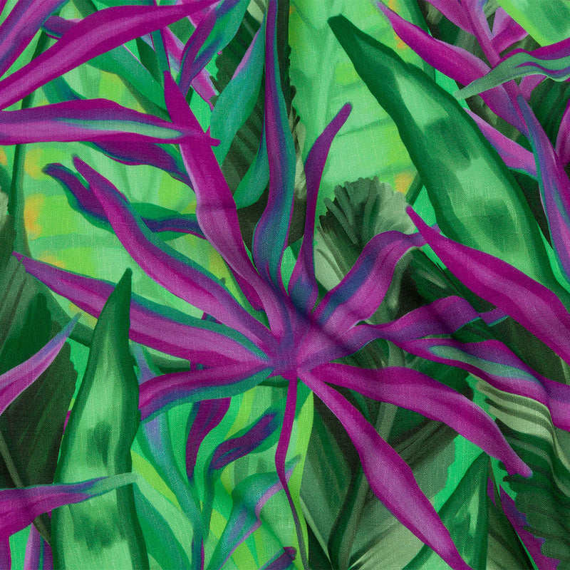 Slubbed Viscose Woven Print - Purple and Green Palm Leaves - Mood Exclusive Foliage Takeover