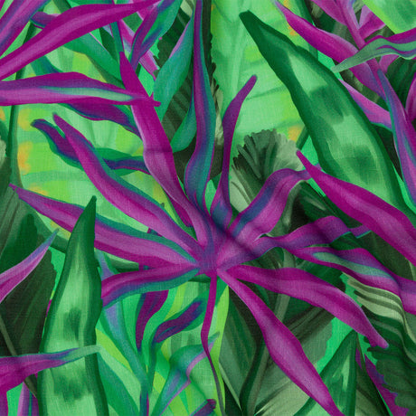 Slubbed Viscose Woven Print - Purple and Green Palm Leaves - Mood Exclusive Foliage Takeover