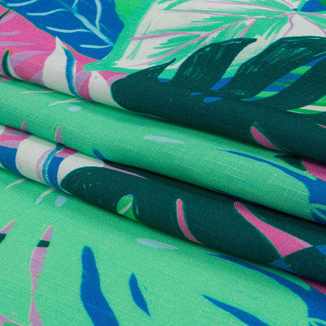 Slubbed Viscose Woven Print - Green and Blue Leaves - Mood Exclusive Tropical Tango