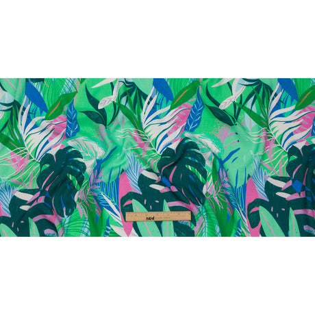 Slubbed Viscose Woven Print - Green and Blue Leaves - Mood Exclusive Tropical Tango