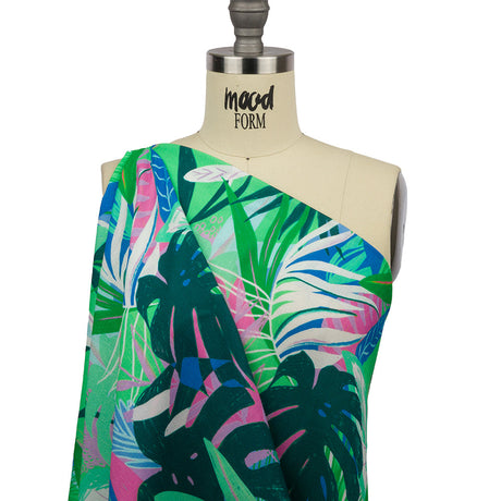 Slubbed Viscose Woven Print - Green and Blue Leaves - Mood Exclusive Tropical Tango