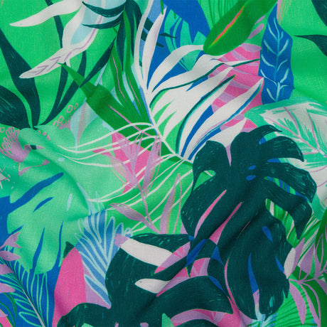 Slubbed Viscose Woven Print - Green and Blue Leaves - Mood Exclusive Tropical Tango