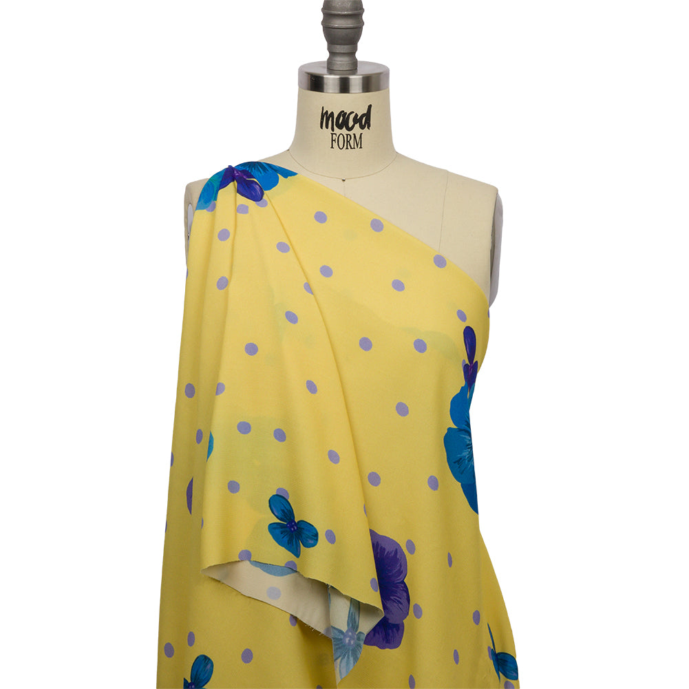 Sustainable Viscose Crepe Print - Yellow and Blue Floral and Polka Dots - Mood Exclusive Treasures Renewed