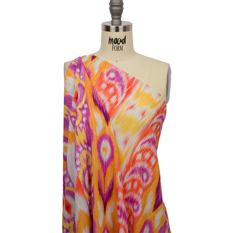 Gauzy Wrinkled Rayon Woven Print - Purple and Yellow Ikat Paisley Stripes - Mood Exclusive Feathered Psyche