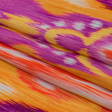 Gauzy Wrinkled Rayon Woven Print - Purple and Yellow Ikat Paisley Stripes - Mood Exclusive Feathered Psyche