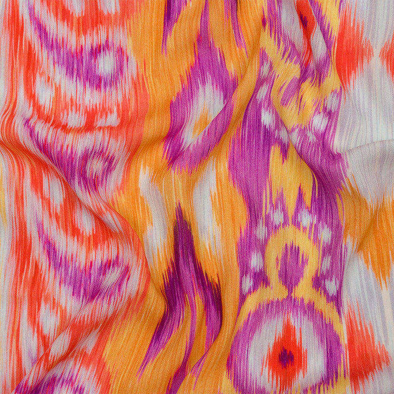 Gauzy Wrinkled Rayon Woven Print - Purple and Yellow Ikat Paisley Stripes - Mood Exclusive Feathered Psyche