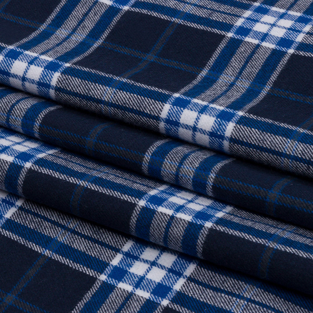 Navy, Cobalt, and White Plaid Cotton Flannel