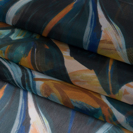 Sheer Polyester Woven Print - Dark Blue and Yellow Painterly Leaves - Mood Exclusive Eye of the Beholder