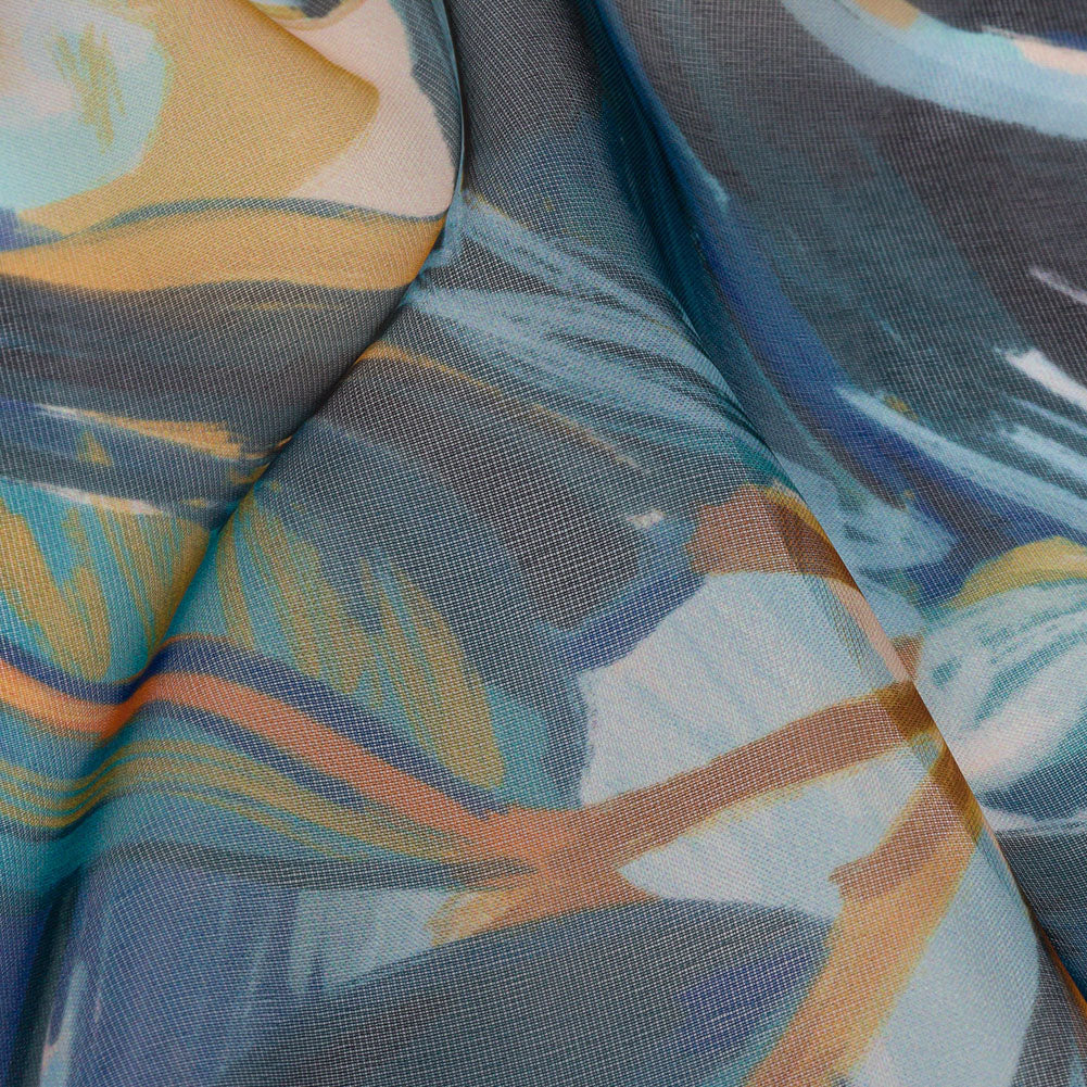 Sheer Polyester Woven Print - Dark Blue and Yellow Painterly Leaves - Mood Exclusive Eye of the Beholder