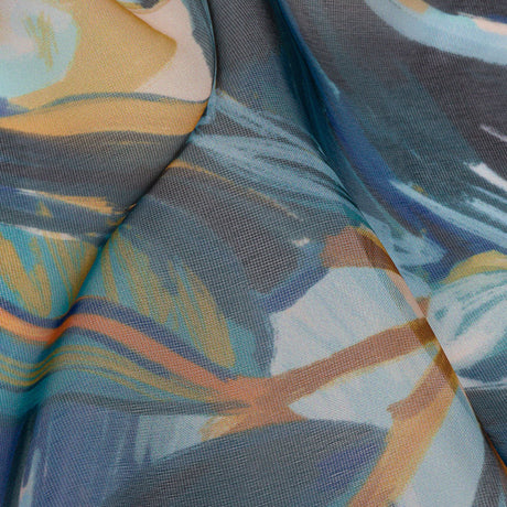 Sheer Polyester Woven Print - Dark Blue and Yellow Painterly Leaves - Mood Exclusive Eye of the Beholder