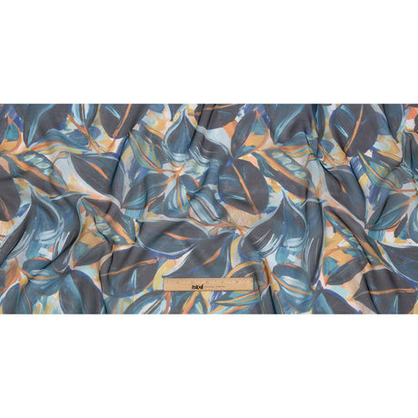 Sheer Polyester Woven Print - Dark Blue and Yellow Painterly Leaves - Mood Exclusive Eye of the Beholder