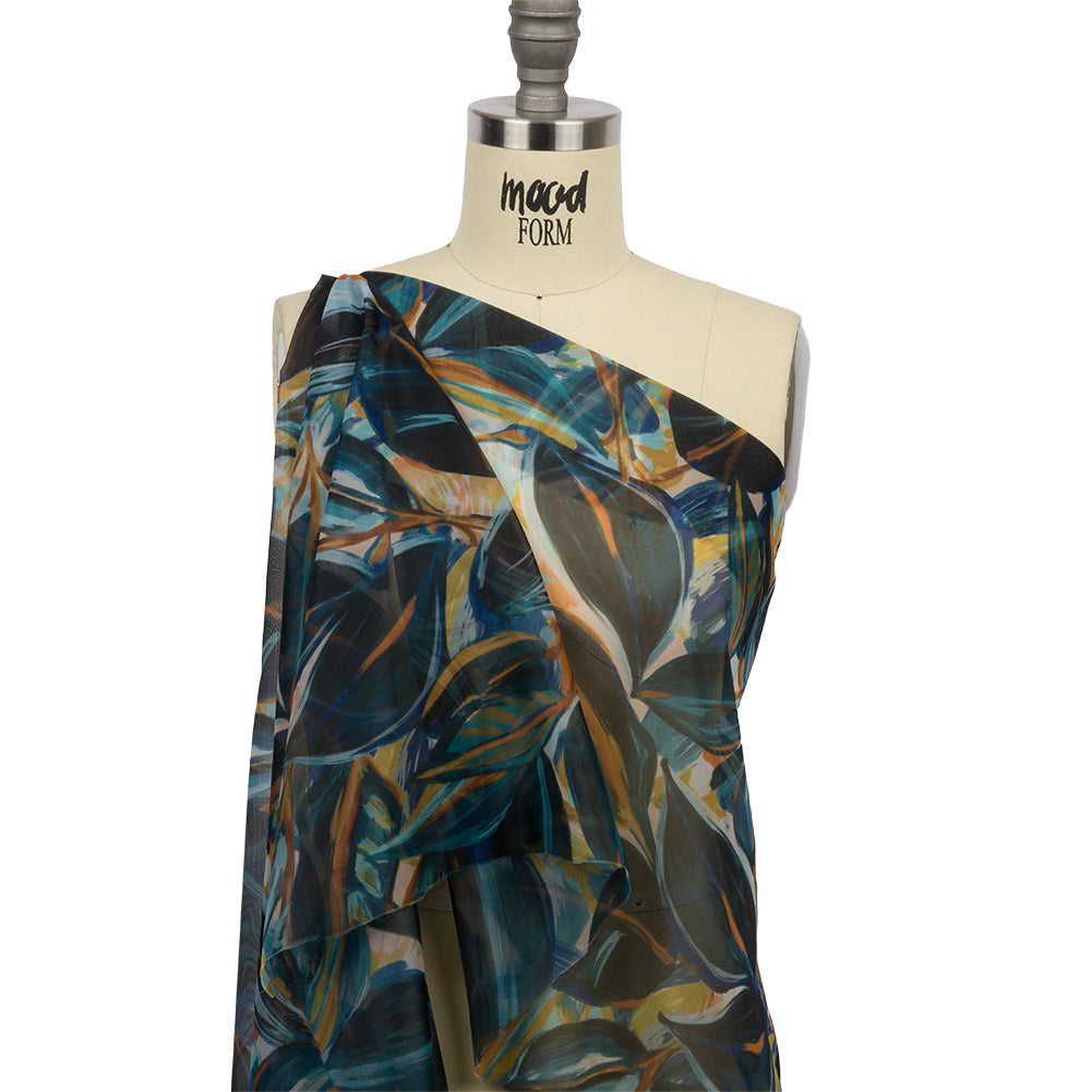 Sheer Polyester Woven Print - Dark Blue and Yellow Painterly Leaves - Mood Exclusive Eye of the Beholder