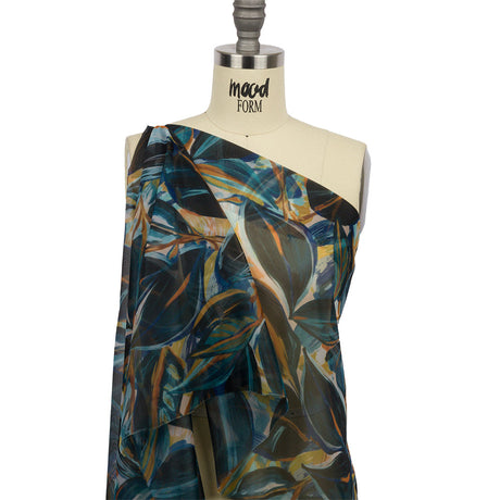 Sheer Polyester Woven Print - Dark Blue and Yellow Painterly Leaves - Mood Exclusive Eye of the Beholder