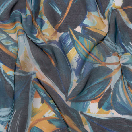 Sheer Polyester Woven Print - Dark Blue and Yellow Painterly Leaves - Mood Exclusive Eye of the Beholder