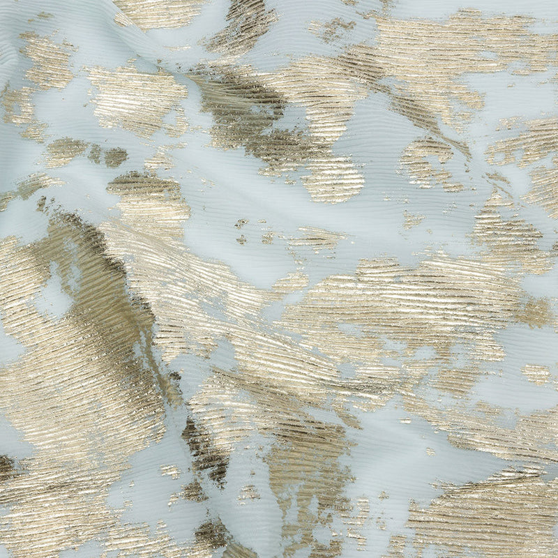 Polyester Chiffon Plisse with Abstract Gold Foiling - Pale Blue - Aralia Collection