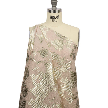 Polyester Chiffon Plisse with Abstract Gold Foiling - Beige - Aralia Collection