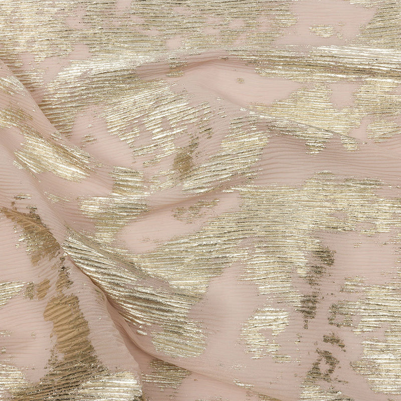 Polyester Chiffon Plisse with Abstract Gold Foiling - Beige - Aralia Collection