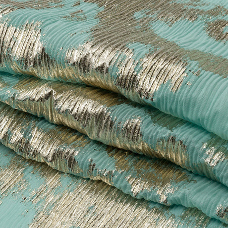 Polyester Chiffon Plisse with Abstract Gold Foiling - Mint - Aralia Collection