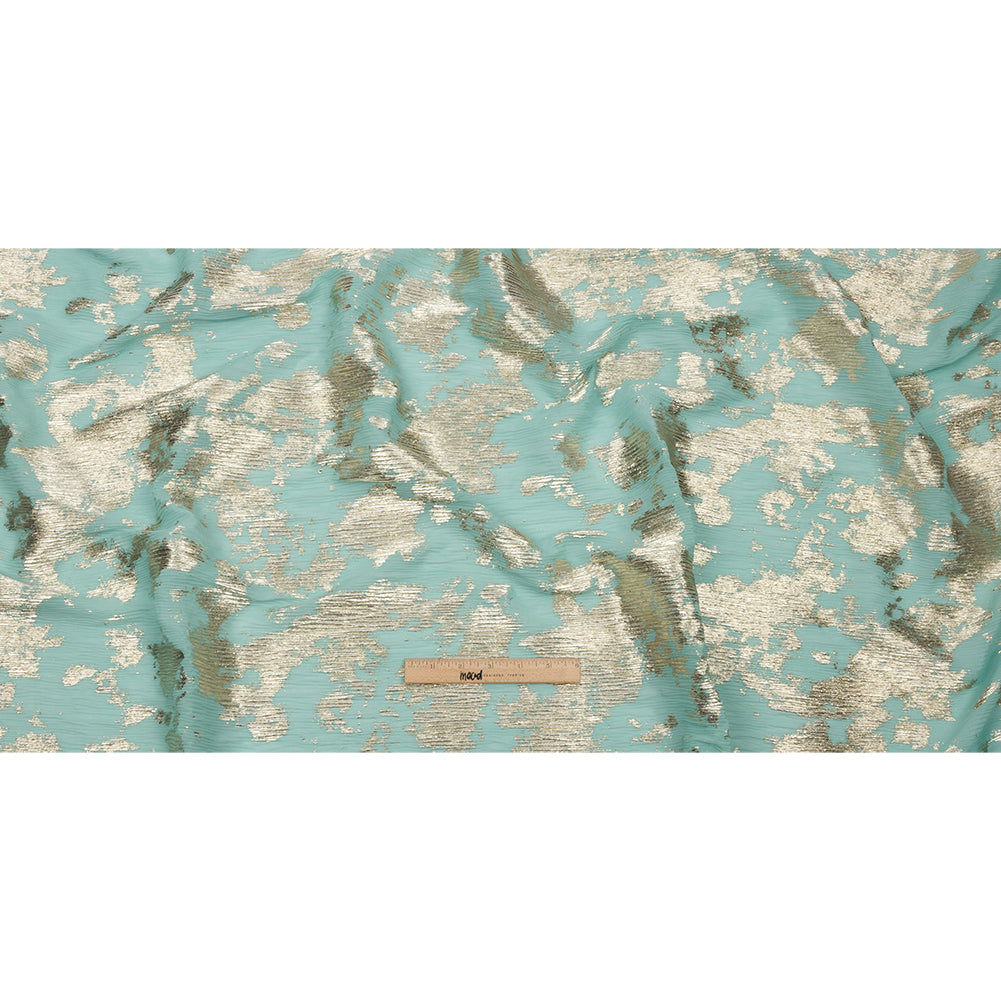 Polyester Chiffon Plisse with Abstract Gold Foiling - Mint - Aralia Collection