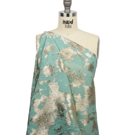 Polyester Chiffon Plisse with Abstract Gold Foiling - Mint - Aralia Collection