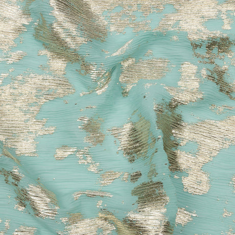 Polyester Chiffon Plisse with Abstract Gold Foiling - Mint - Aralia Collection