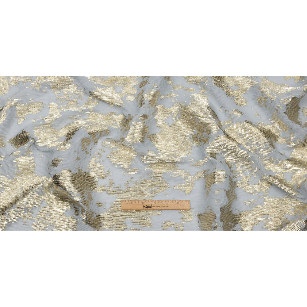 Polyester Chiffon Plisse with Abstract Gold Foiling - Silver-Gray - Aralia Collection