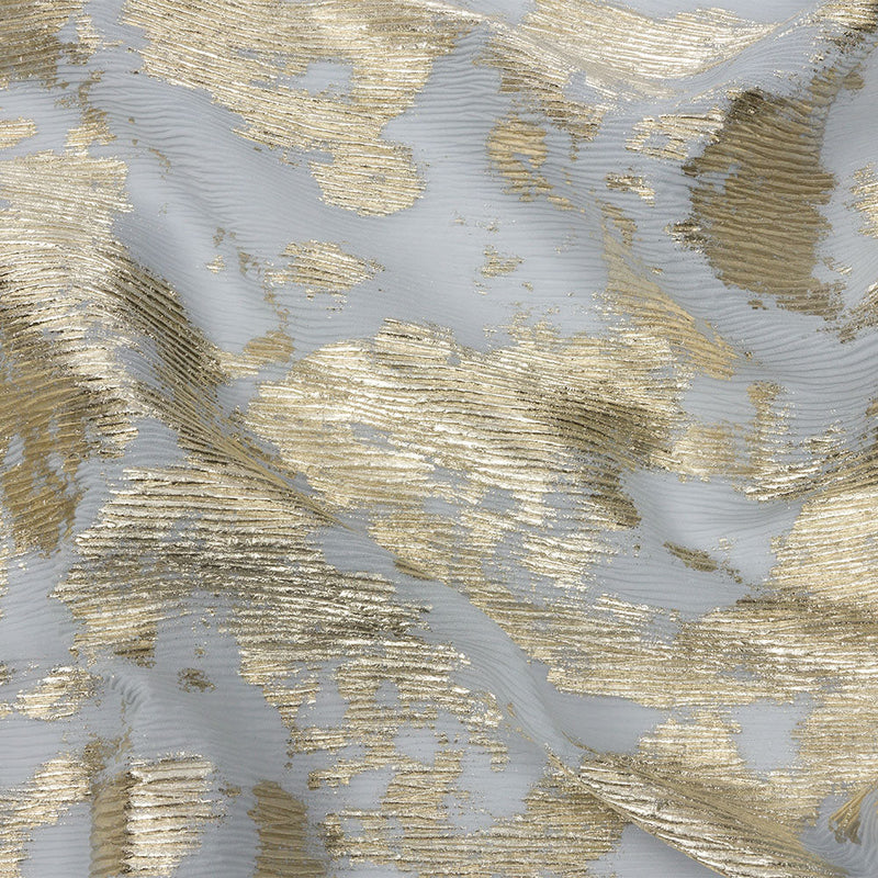 Polyester Chiffon Plisse with Abstract Gold Foiling - Silver-Gray - Aralia Collection