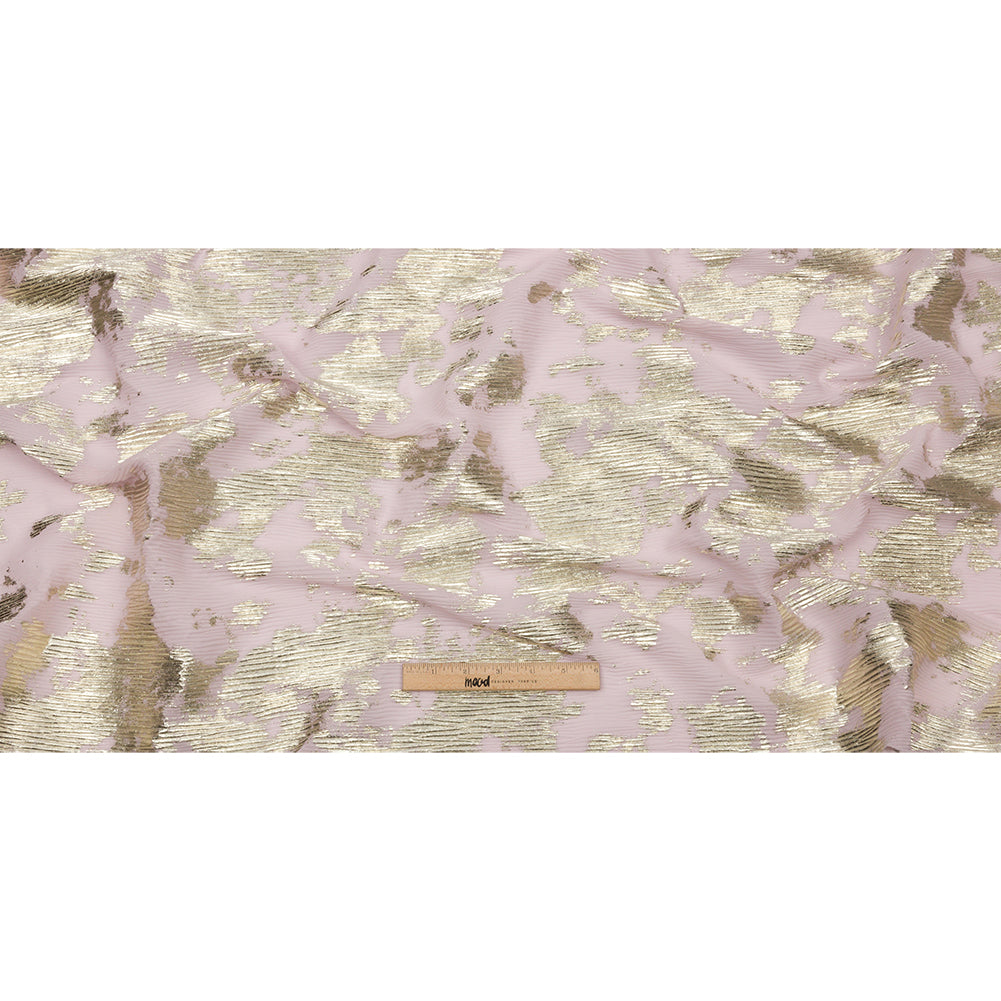 Polyester Chiffon Plisse with Abstract Gold Foiling - Light Pink - Aralia Collection