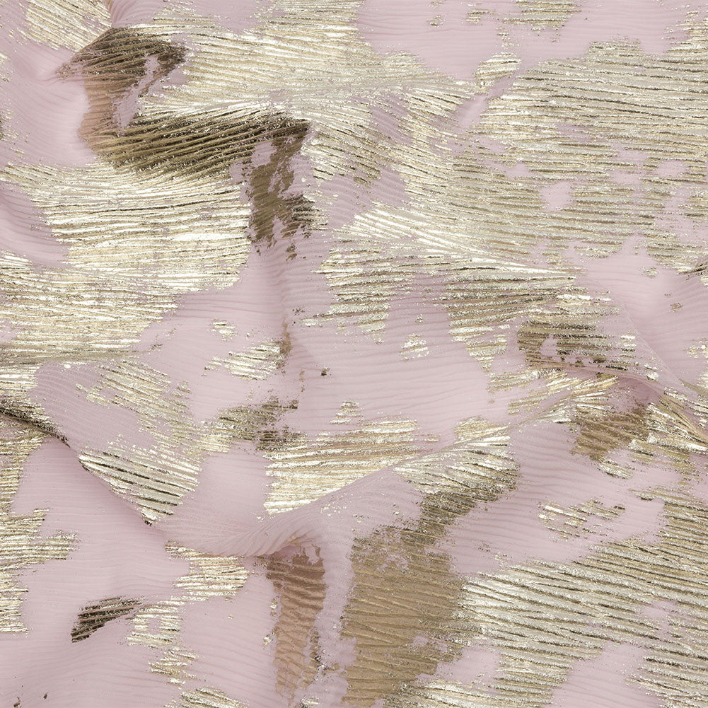 Polyester Chiffon Plisse with Abstract Gold Foiling - Light Pink - Aralia Collection
