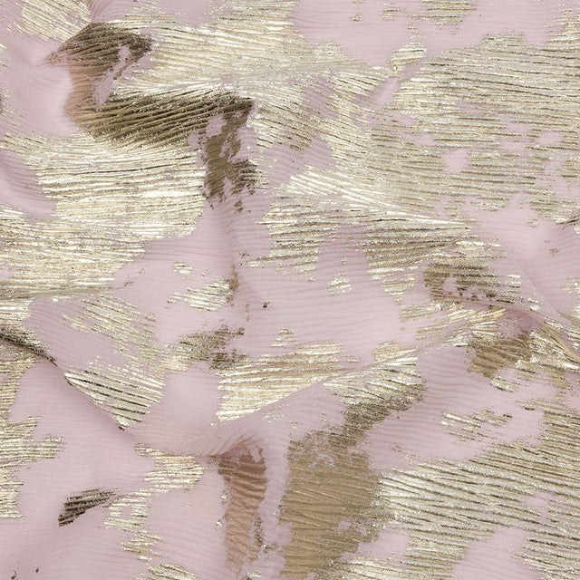Polyester Chiffon Plisse with Abstract Gold Foiling - Light Pink - Aralia Collection