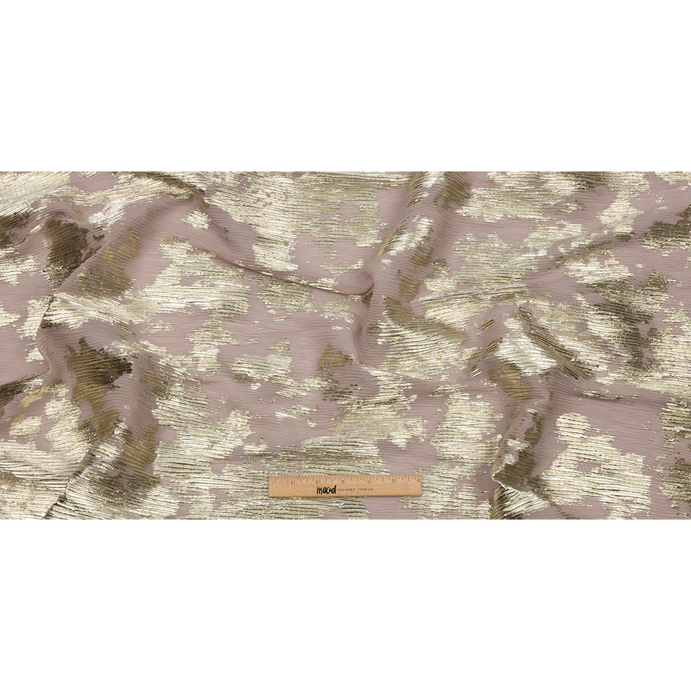 Polyester Chiffon Plisse with Abstract Gold Foiling - Tan - Aralia Collection