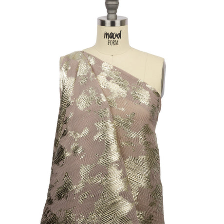 Polyester Chiffon Plisse with Abstract Gold Foiling - Tan - Aralia Collection