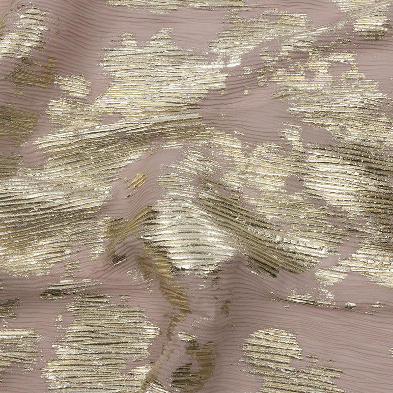 Polyester Chiffon Plisse with Abstract Gold Foiling - Tan - Aralia Collection