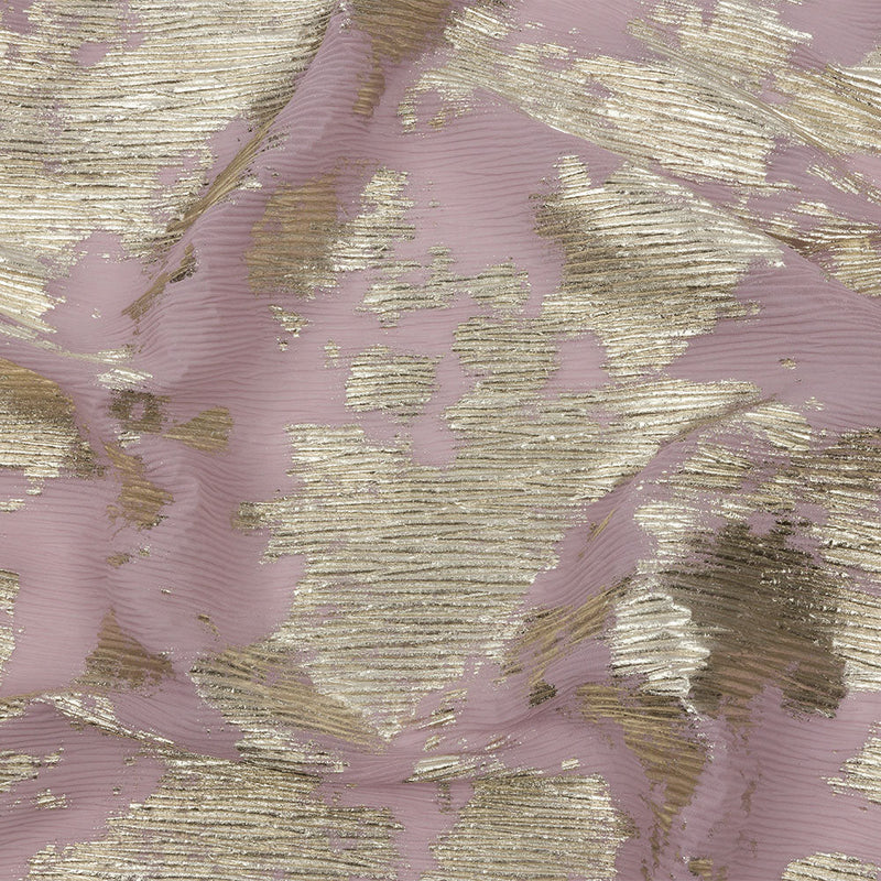 Polyester Chiffon Plisse with Abstract Gold Foiling - Mauve - Aralia Collection