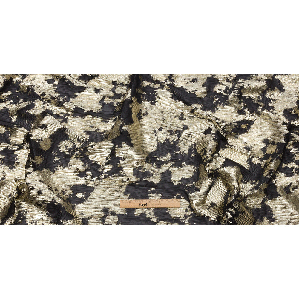 Polyester Chiffon Plisse with Abstract Gold Foiling - Black - Aralia Collection